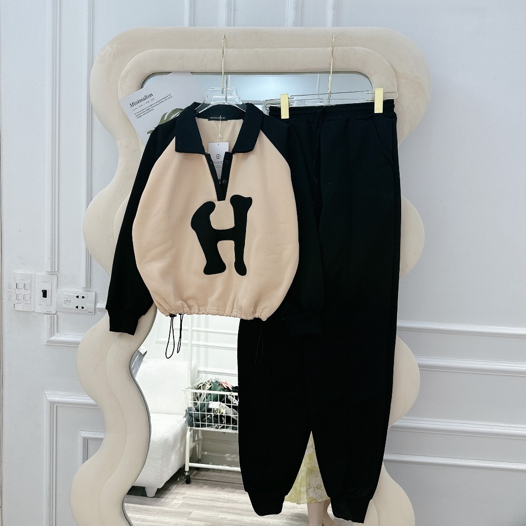 Set Bộ Nỉ Thể Thao Thêu Logo Nổi Chất Nỉ Ngoại Dày Dặn Có Dây Rút Eo 2 Bên Lên Form Cực Chuẩn Tôn Dáng