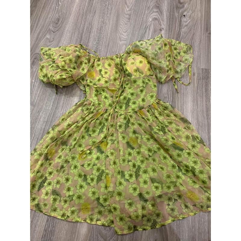 Váy hoa nhí xanh tay bồng, vai bèo, 2 dây buộc vai hoặc cổ