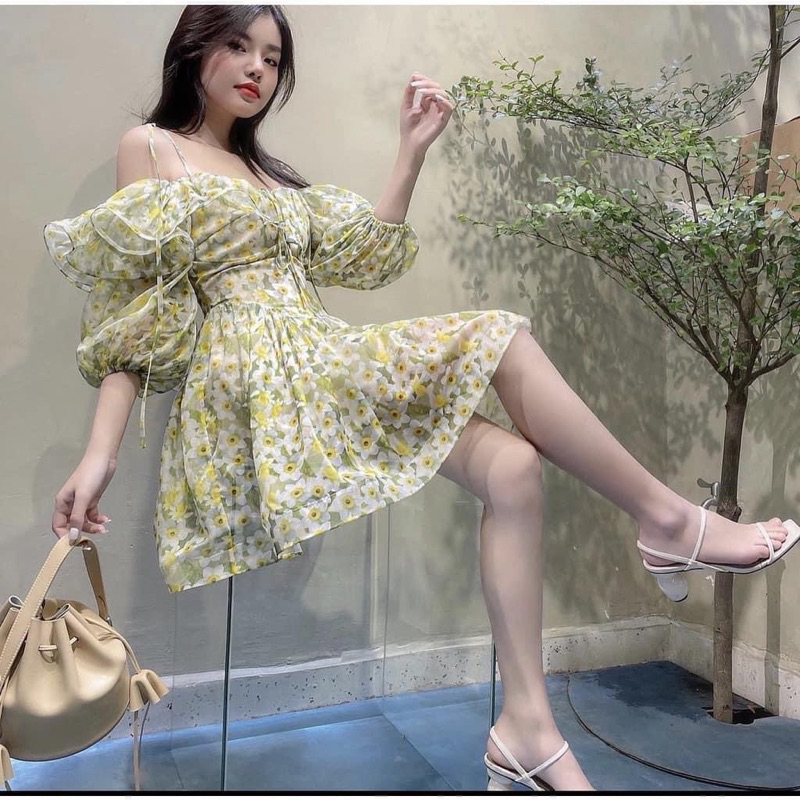 Váy hoa nhí xanh tay bồng, vai bèo, 2 dây buộc vai hoặc cổ