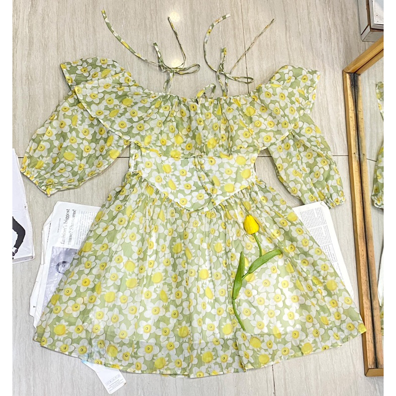 Váy hoa nhí xanh tay bồng, vai bèo, 2 dây buộc vai hoặc cổ