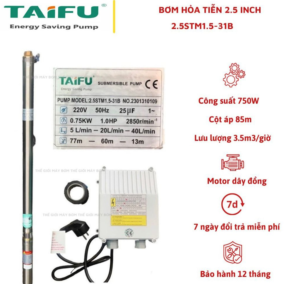 Bơm hỏa tiễn 750W (1HP) (2.5" Ø60 thả ống 76) thân inox 304 có hộp tụ đi kèm TAIFU - Bảo hành 1 năm