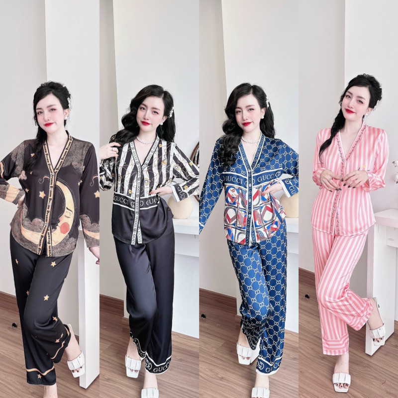 Đồ bộ pijama nữ mặc nhà tay dài cổ y lụa latin đẹp sang 1208