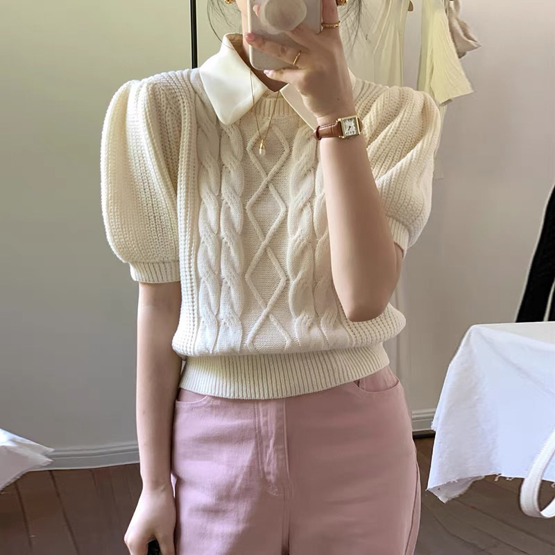 Áo len cộc tay cổ sơmi xinh xắn