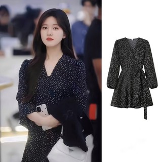 [SẴN] Váy ngắn Triệu Lộ Tư chấm bi dài tay cổ chữ V dáng xòe bồng bềnh Vụng Trộm Không Thể Giấu