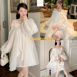 Váy Babydoll Nơ Ngực Chất Tơ MềmTay Phồng, Đầm Bánh Bèo Tiểu Thư dài tay hở vai nơ to chất voan đũi 2 lớp hottren