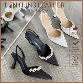 Giày sục cao gót nữ bít mũi viền đá mũi nhọn 7p quai chun TH1015