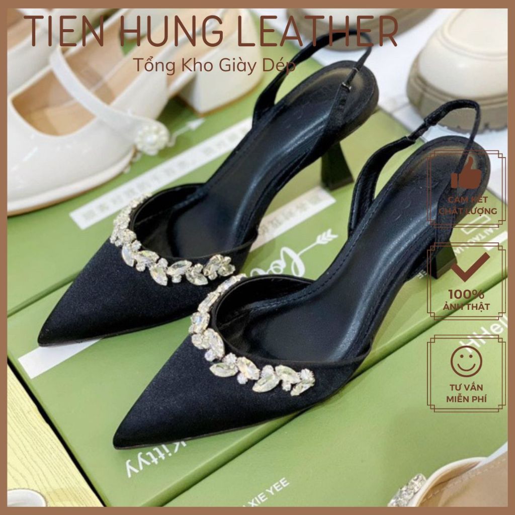 Giày sục cao gót nữ bít mũi viền đá mũi nhọn 7p quai chun TH1015