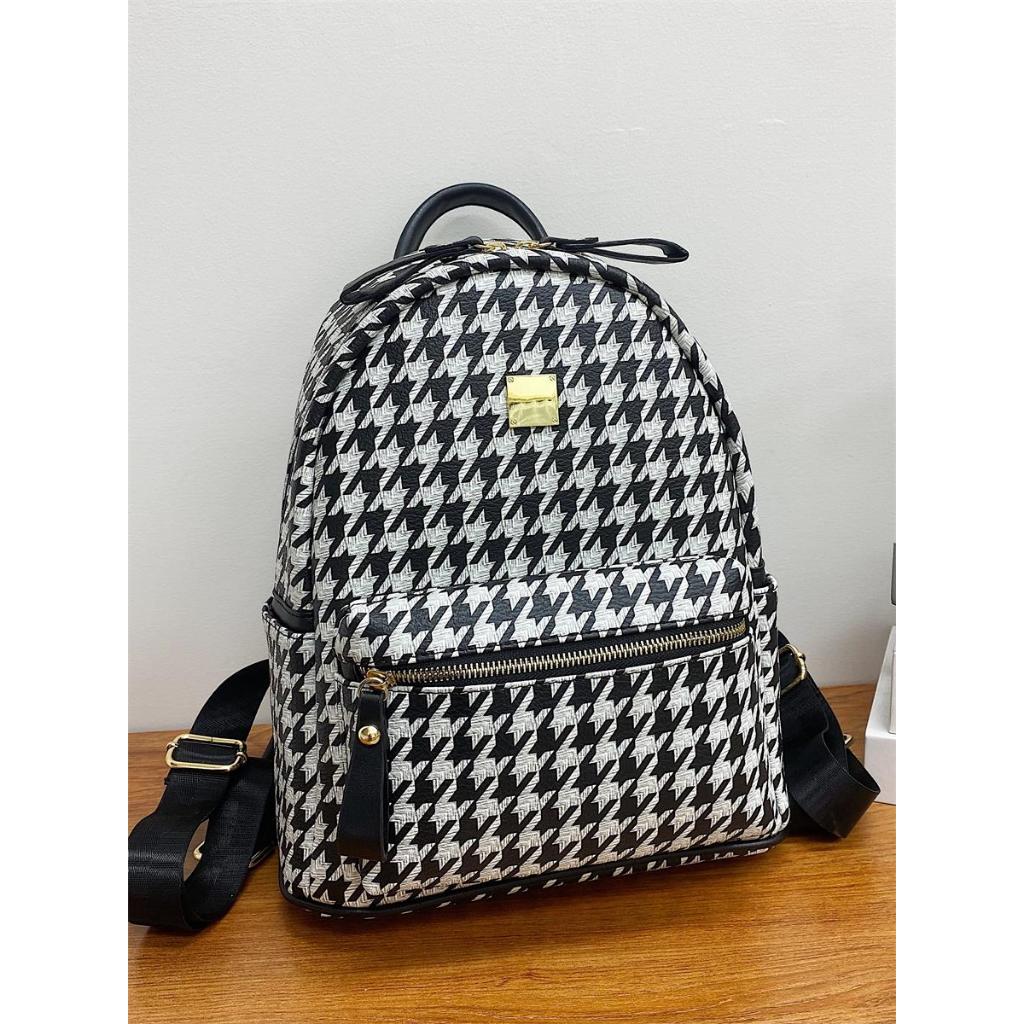 Balo Da PU chống nước Balo thời trang nam nữ họa tiết kẻ trắng đen cao cấp size 40cm