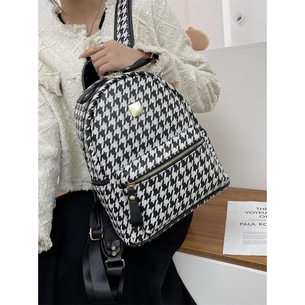 Balo Da PU chống nước Balo thời trang nam nữ họa tiết kẻ trắng đen cao cấp size 40cm
