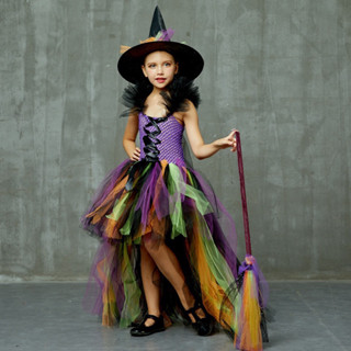  Bộ đồ hoá trang phù thuỷ màu tím phong cách Halloween dạng váy tutu cho bé gái 