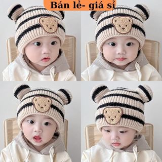 Mũ len cho bé trai bé gái hình gấu 3-12 tháng gấu sọc ngang đáng yêu