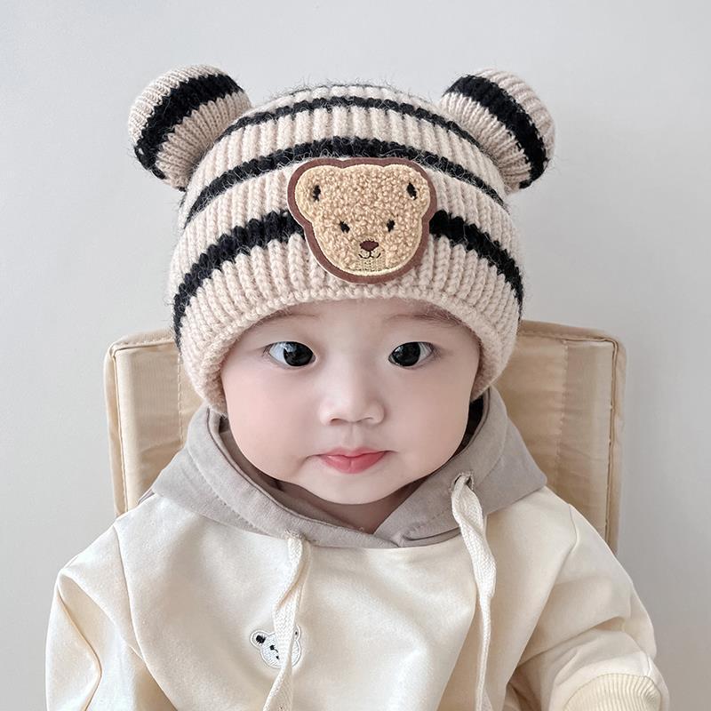 Mũ Len Cho Bé Trai Bé Gái Hình Gấu 3-12 Tháng Gấu Sọc Ngang Đáng Yêu