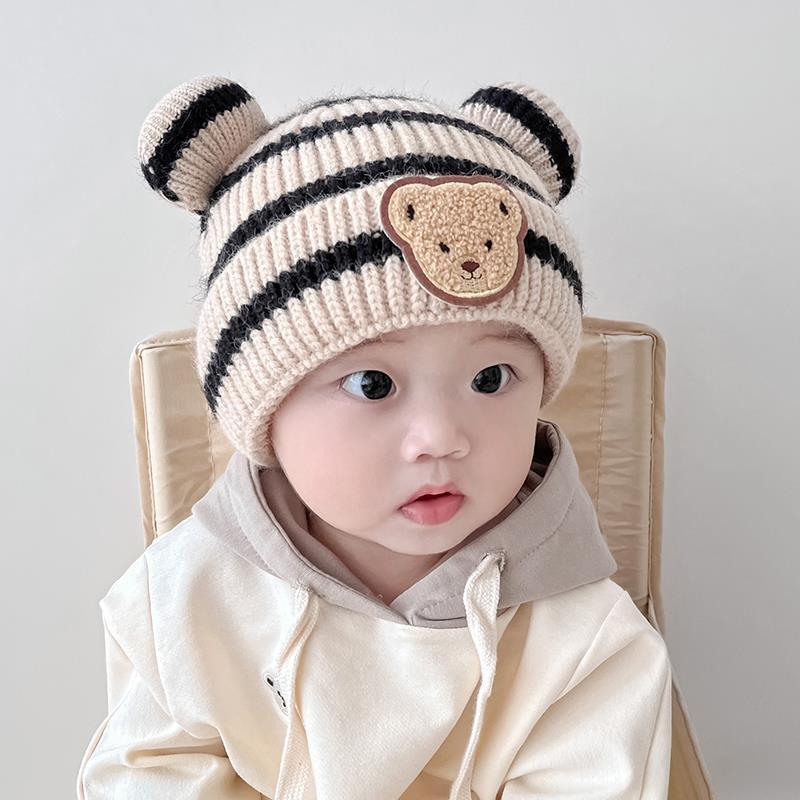 Mũ Len Cho Bé Trai Bé Gái Hình Gấu 3-12 Tháng Gấu Sọc Ngang Đáng Yêu