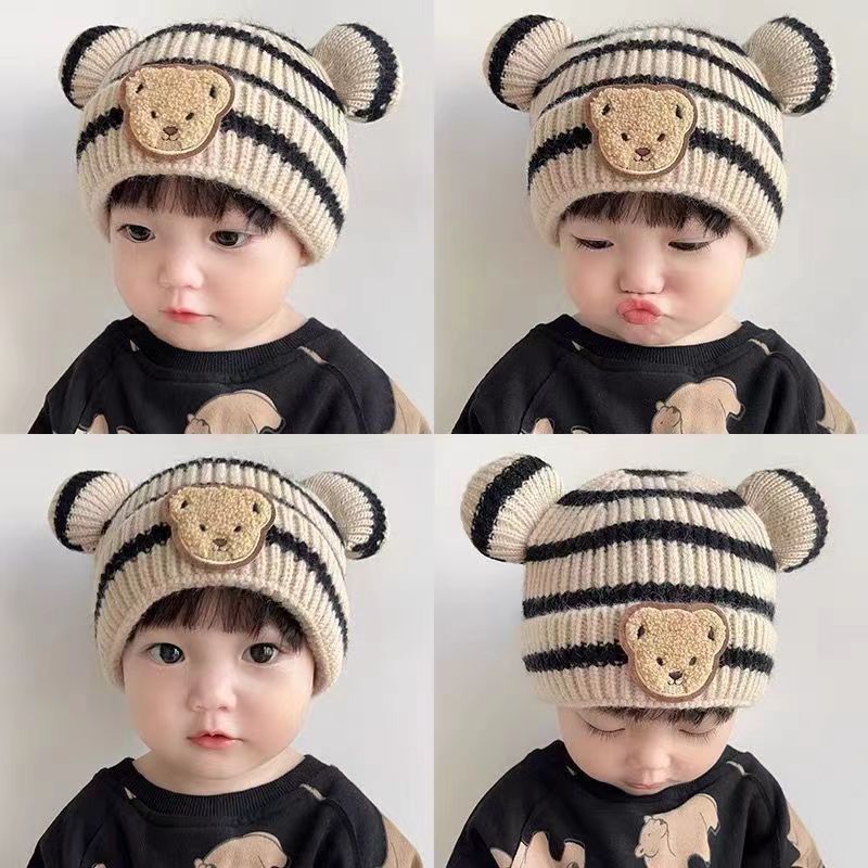 Mũ Len Cho Bé Trai Bé Gái Hình Gấu 3-12 Tháng Gấu Sọc Ngang Đáng Yêu