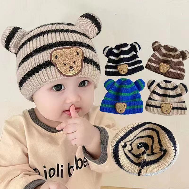 Mũ Len Cho Bé Trai Bé Gái Hình Gấu 3-12 Tháng Gấu Sọc Ngang Đáng Yêu