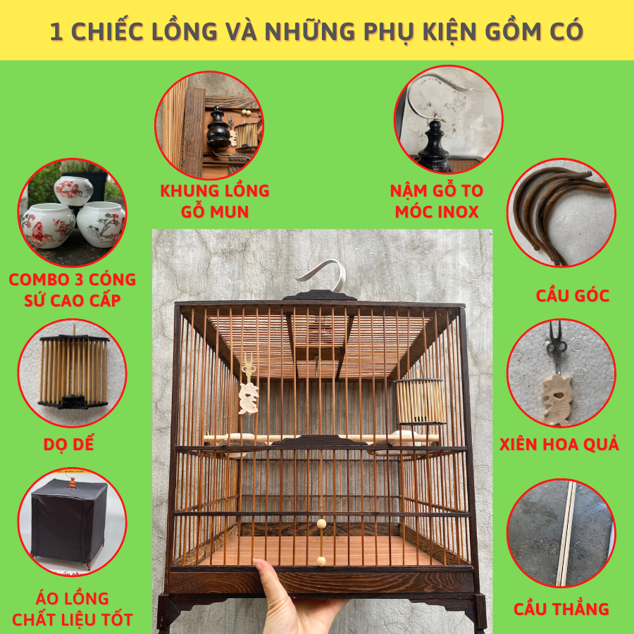 Khung lồng chim chào mào tự ráp, chất liệu gỗ mun đuôi công mẫu vuông - Lồng Chim Tự Ráp Thế An