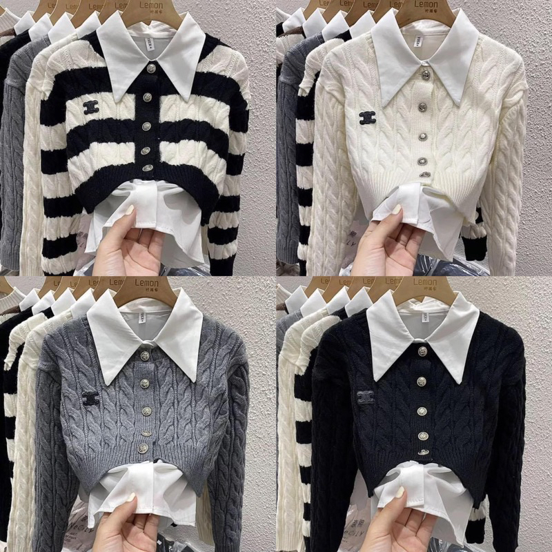 Áo len phối cổ sơmi thêu chữ