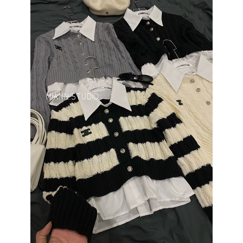 Áo len phối cổ sơmi thêu chữ