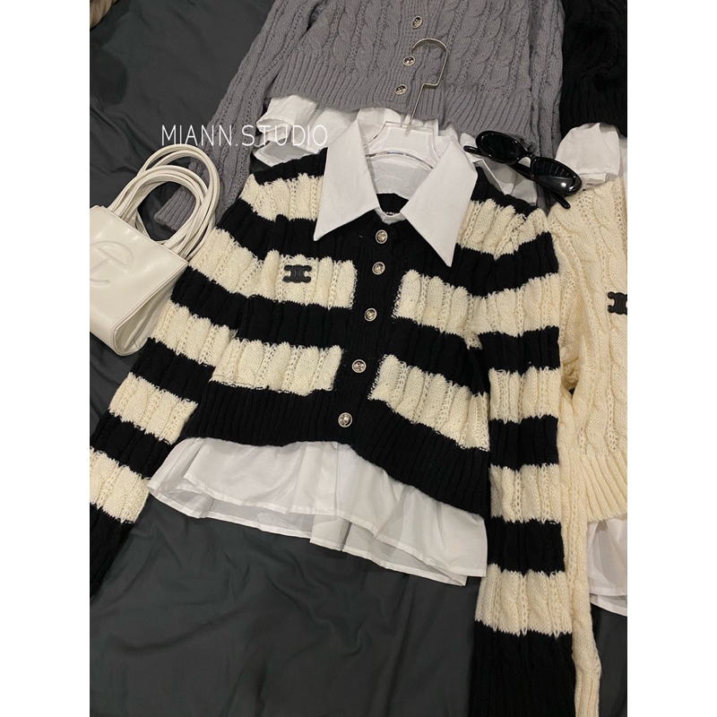 Áo len phối cổ sơmi thêu chữ