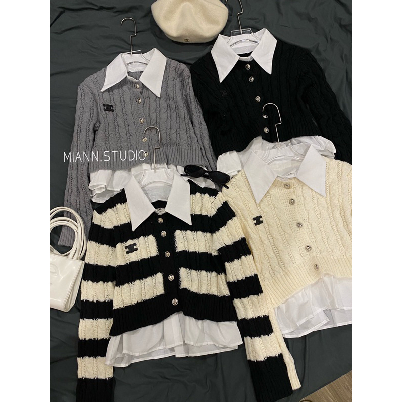 Áo len phối cổ sơmi thêu chữ