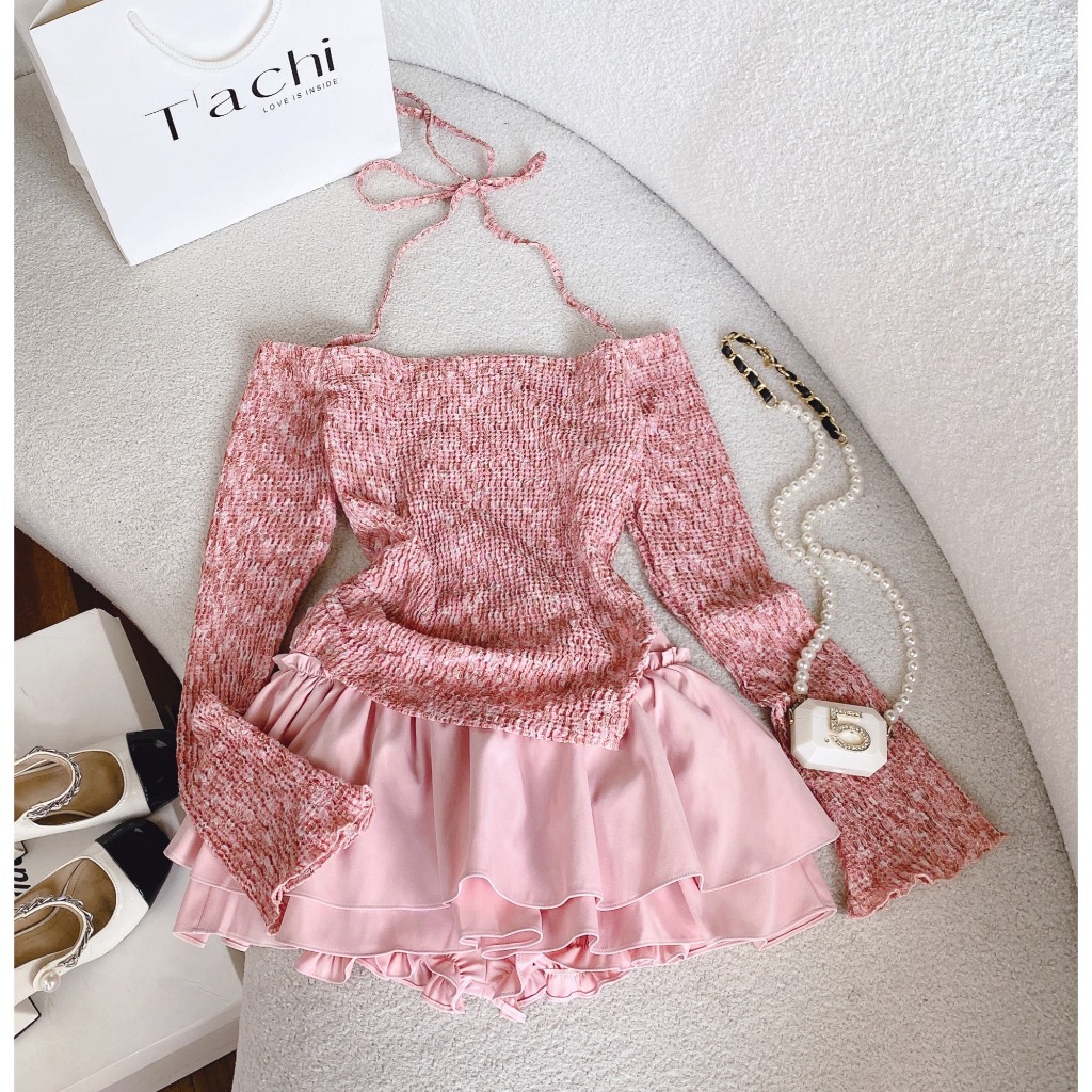 SET ÁO LEN HỒNG DÂY CỔ YẾM CỘT + CHÂN VÁY XOÈ BÈO