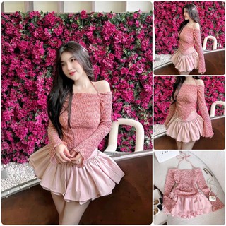 Set áo len hồng dây cổ yếm cột + chân váy xoè bèo