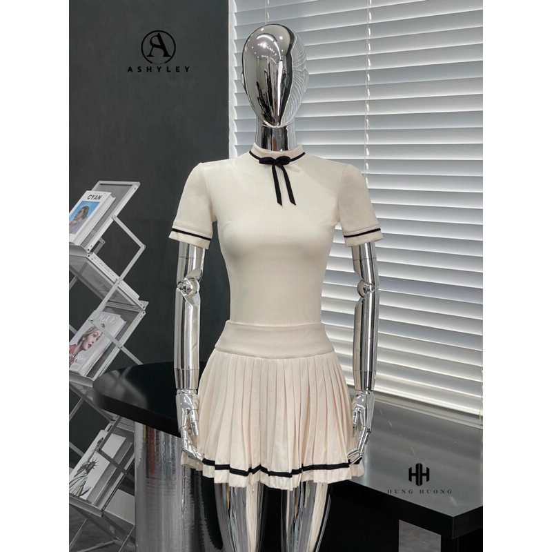 Set Áo Nơ Cổ Ngắn Tay Chân Váy Dập Ly TKCC ASHYLEY