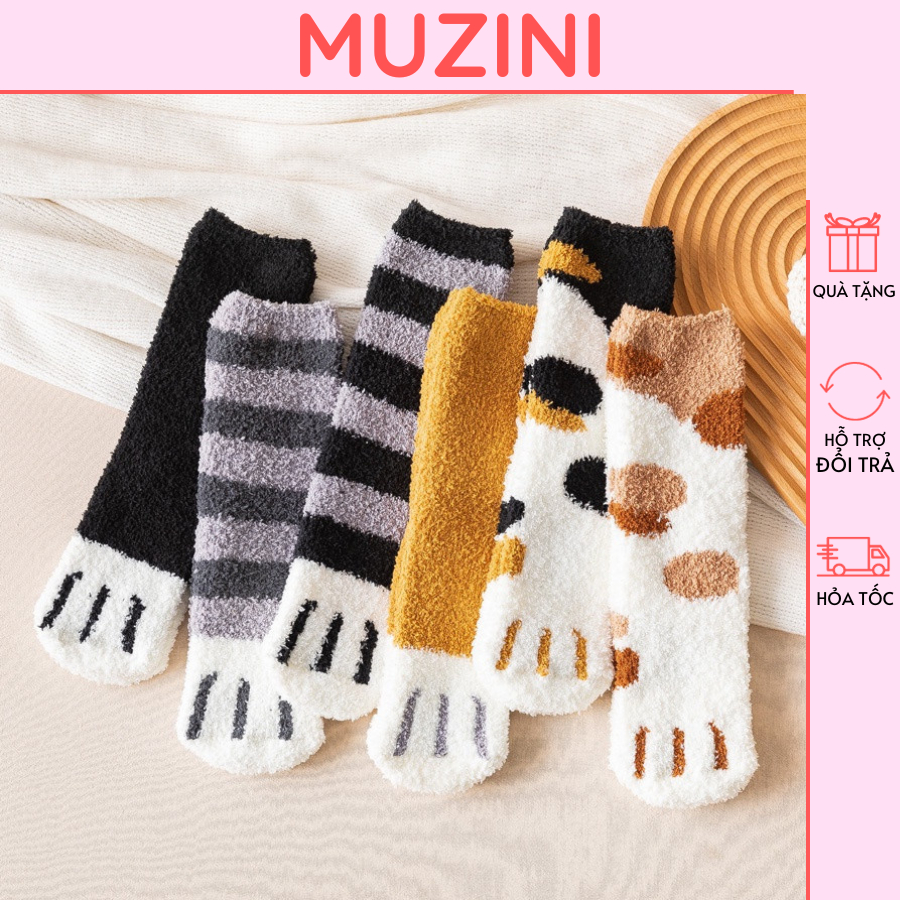 Tất lông Muzini tất cổ cao thiết kế châm bi chân mèo phong cách cute TN56