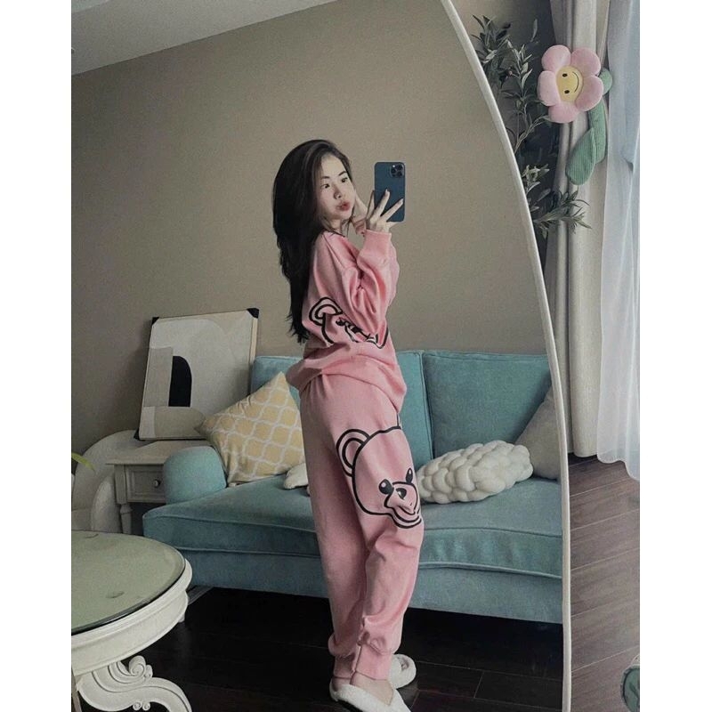 SET THU ĐÔNG NỈ BÔNG IN GẤU, BỘ NỈ TAY DÀI QUẦN DÀI BIGSIZE 60-95KG