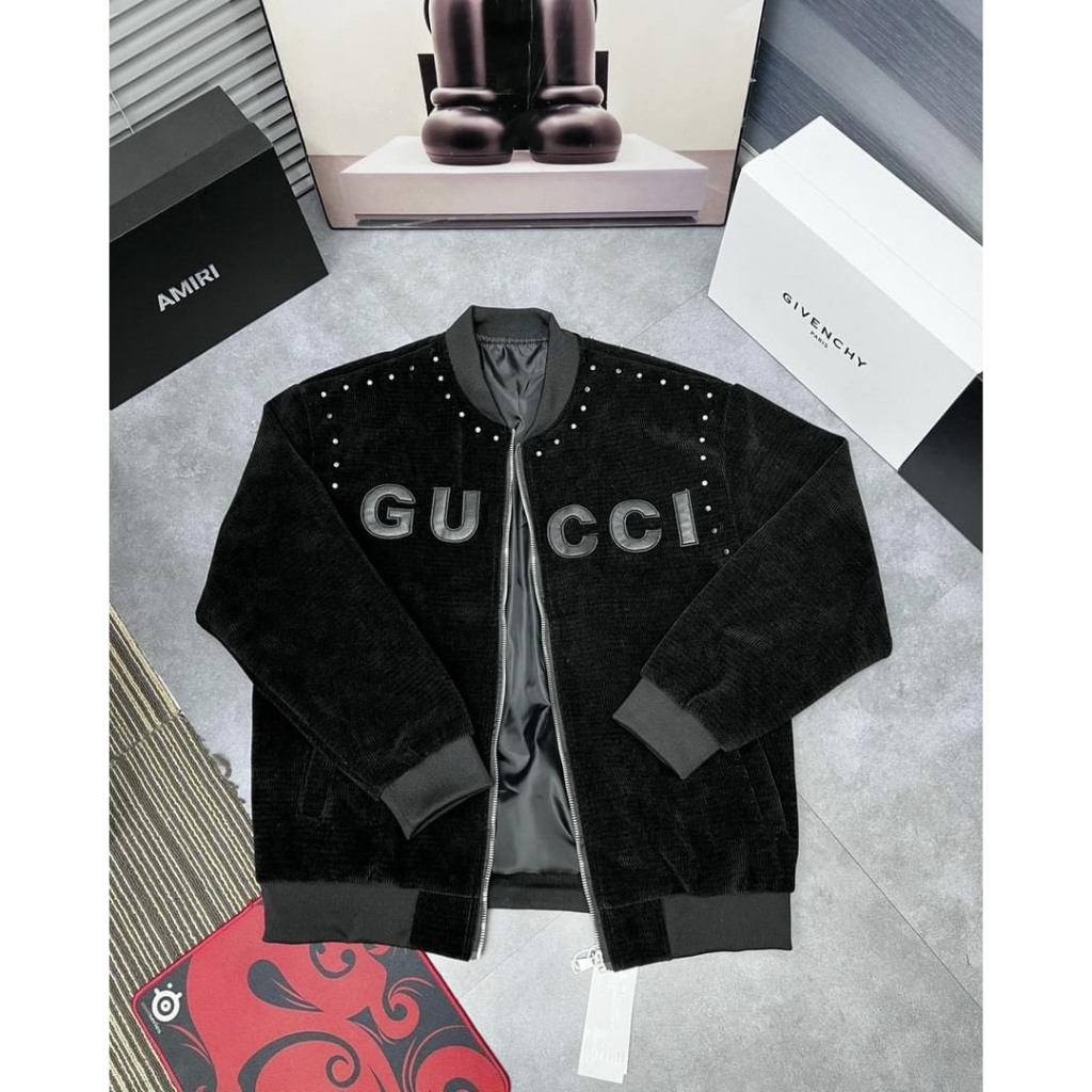 Áo Khoác Bomber Đính Đá Thêu Logo Gucci Nhung Tăm Siêu Sang 2 Lớp - Áo Khoác Nhung Tăm Siêu Sang 2 lớp dày hot 2023