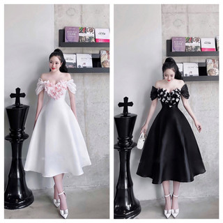 Váy đầm nữ thiết kế tafta gắn hoa nổi hình tim trước ngực, tay rớt vai dáng xoè dài ngang bắp chân siêu hot