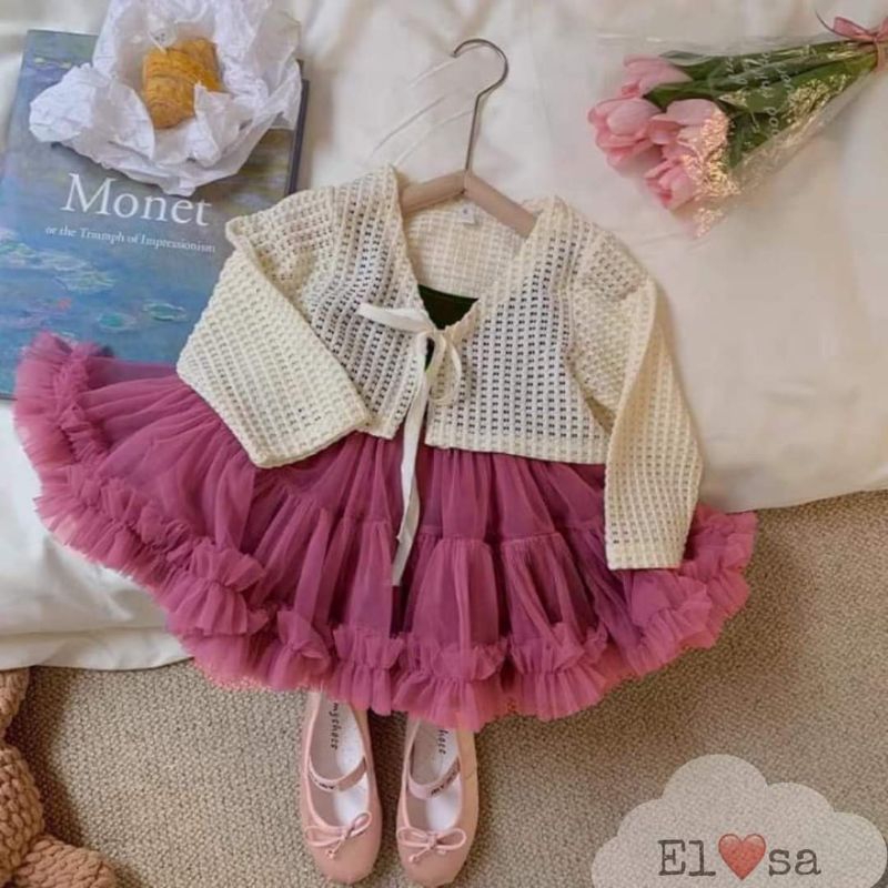 Set váy thu đông cho cho bé gái 8 đến 19kg.video cận chất.váy 2 dây +áo cadgan ren ạk i