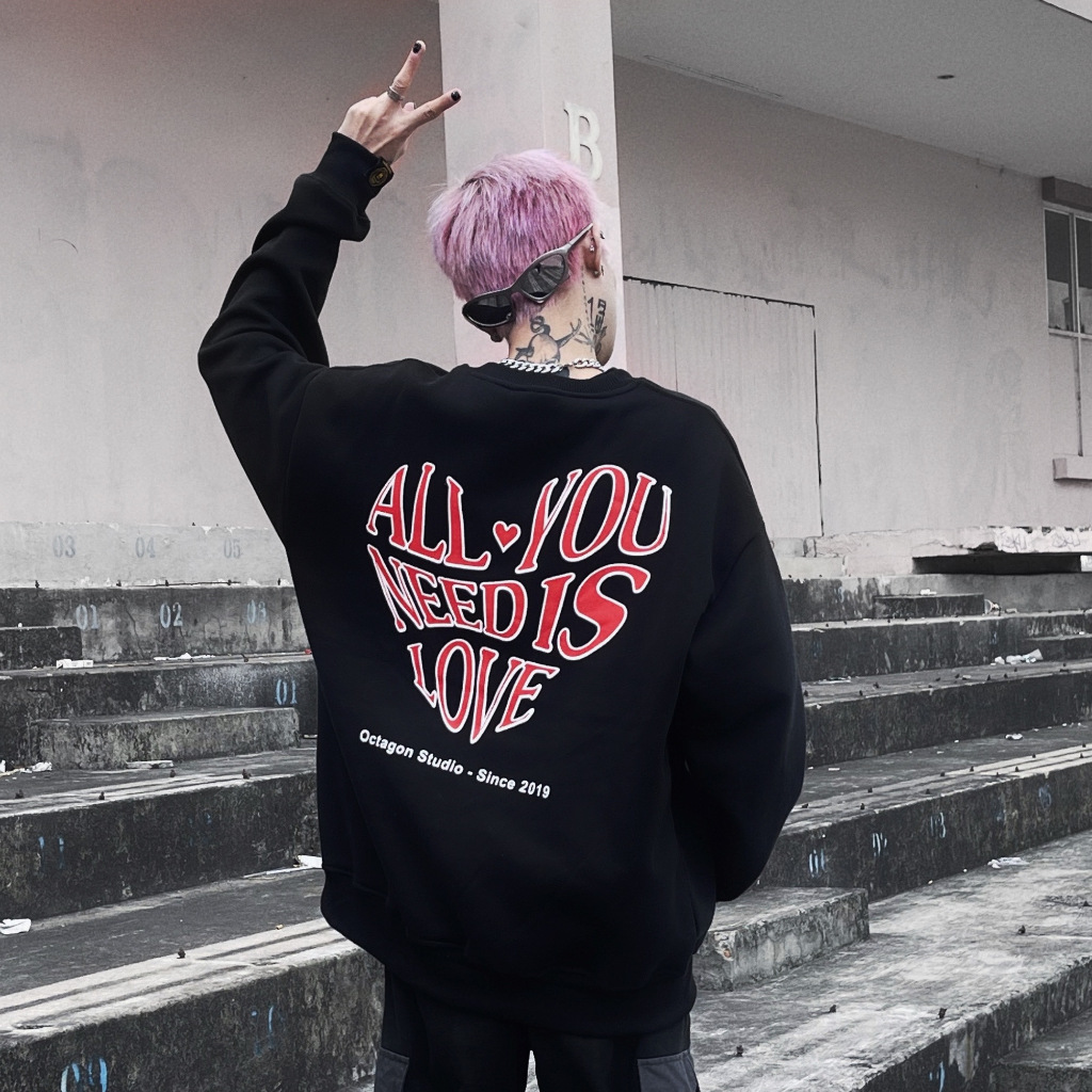 Áo Sweater Form Rộng OCTAGON LOVE YOU Nỉ Bông Màu Đen