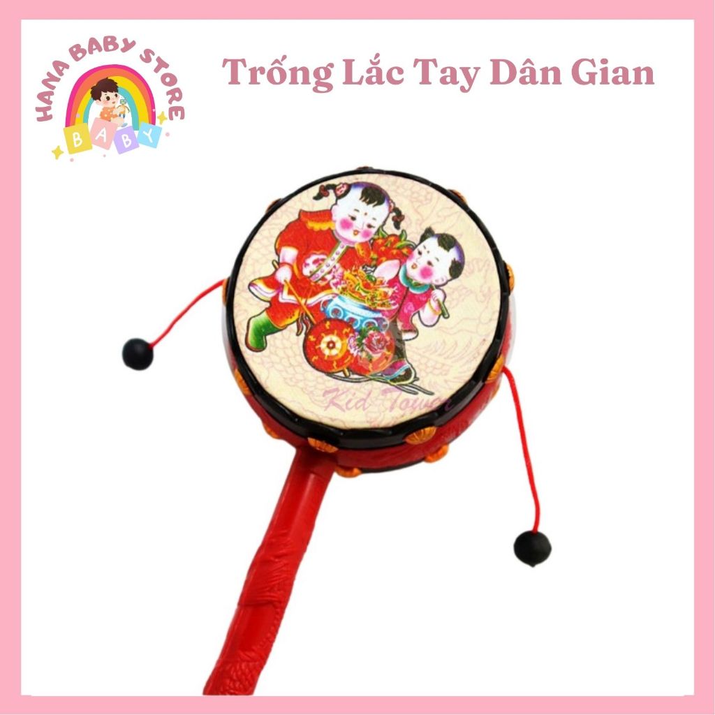 Trống lắc tay dân gian cho bé mầm non chơi trung thu bằng gỗ hoạ tiết