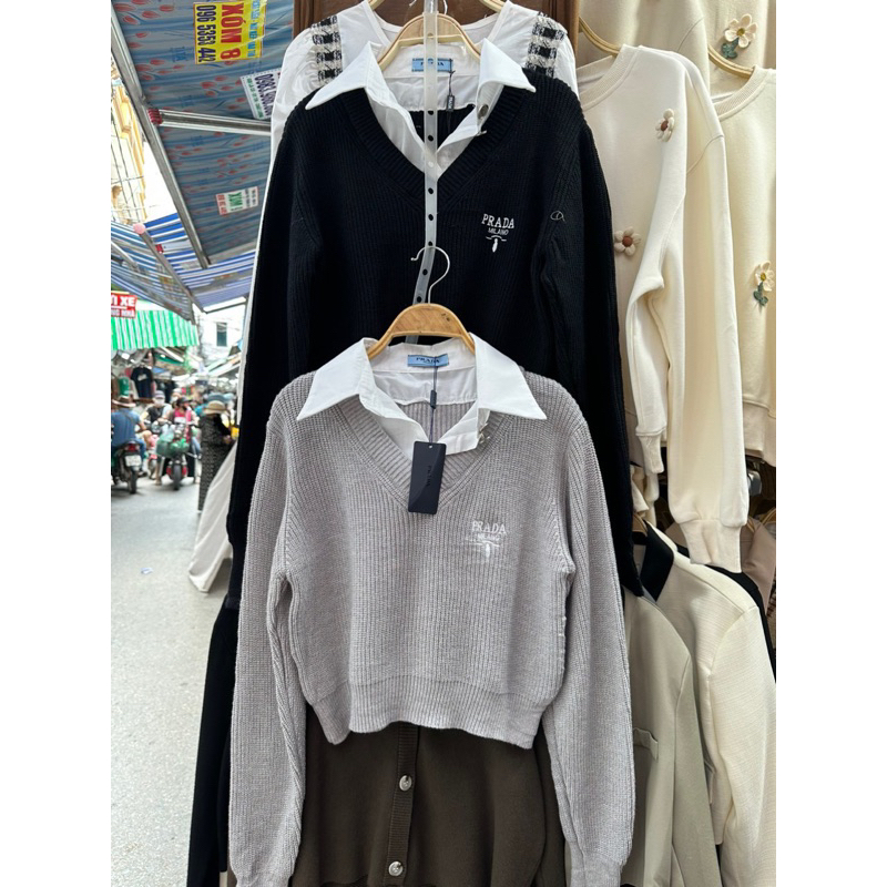 Áo len cổ sơ mi pra.da QCCC
