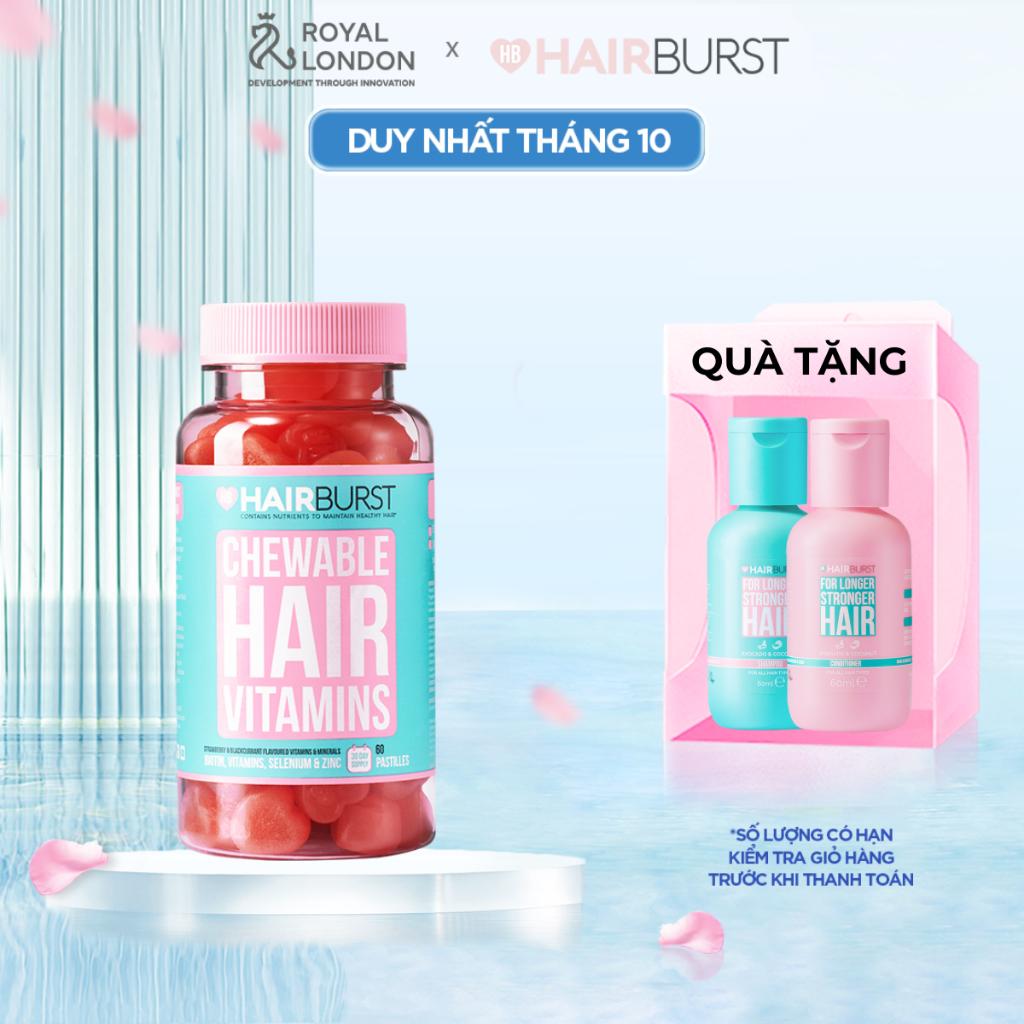 Kẹo dẻo vitamin chăm sóc, kích thích mọc tóc HAIRBURST chewable hair vitamins 60 viên/1 lọ