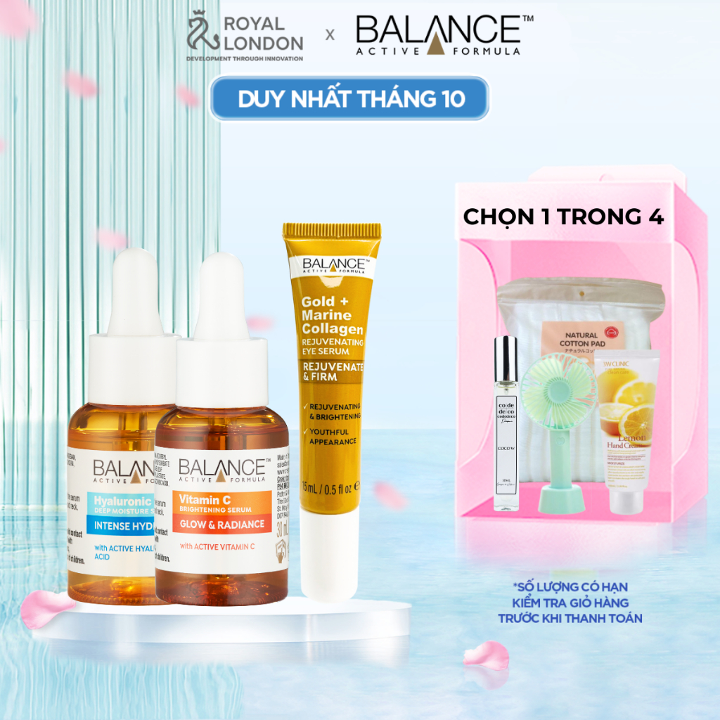 Combo Balance toàn diện Serum Vitamin C 30ml + Serum Hyaluronic 30ml + Kem mắt Gold Collagen 15ml