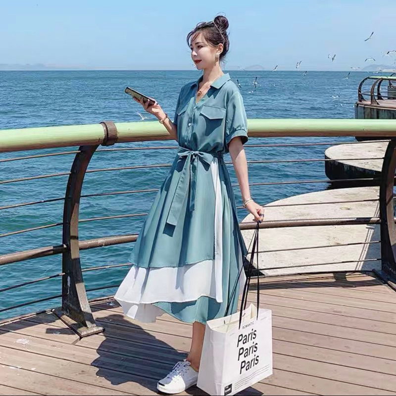Đầm sơ mi xanh bơ phối trắng túi hộp 2 màu