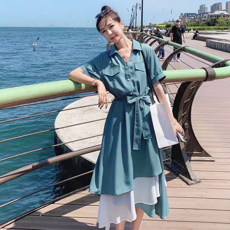 Đầm sơ mi xanh bơ phối trắng túi hộp 2 màu