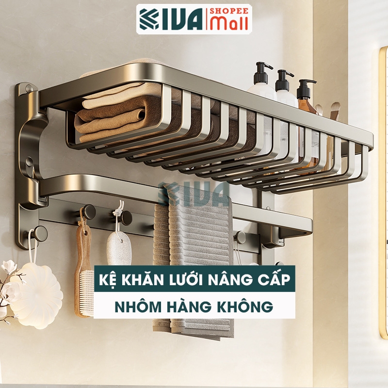 Giá kệ nhà tắm KIVA màu xám chất liệu nhôm hàng không, Combo kệ khăn lưới dày, cài đặt dán tường, khoan tường.