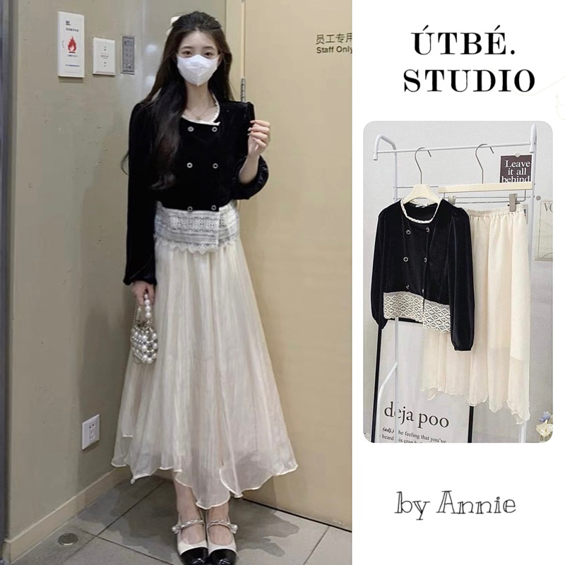 SET áo nhung tay dài phối ren cài nút + chân váy midi xoè tiểu thư, SET áo nhung đen và chân váy dài be - ÚTBÉ studio