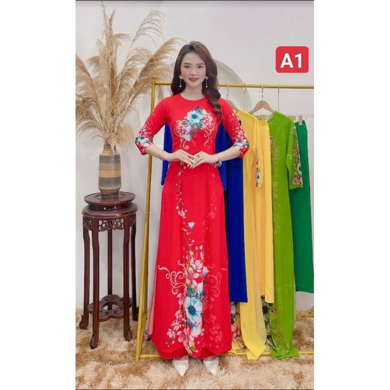 Áo dài in 8D hoa trà my đủ size S/m/L/xl/2xl/3xl/4xl/5xl
