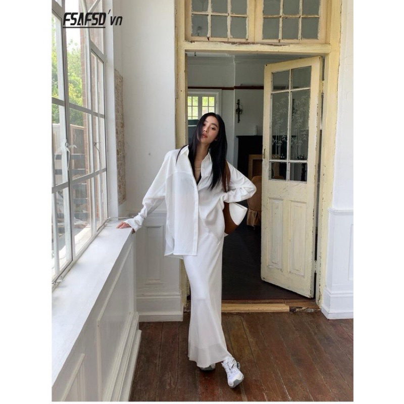 Set áo sơ mi 2 túi + quần suông culottes trắng