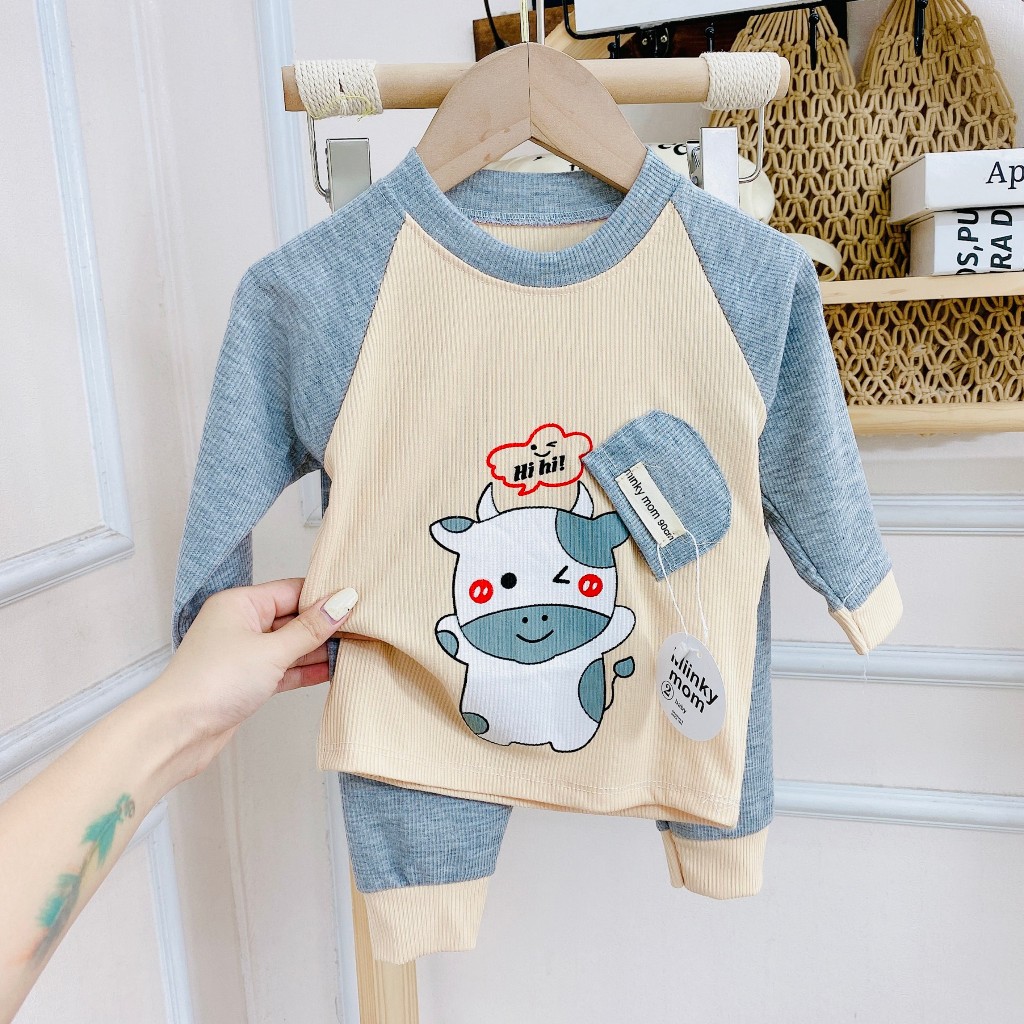 Quần áo trẻ em bộ thu đông len tăm cho bé trai , bé gái hình con bò siêu cute