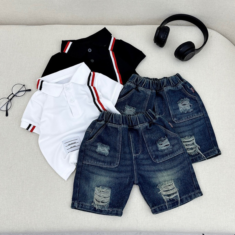 Sét bộ áo polo cộc tay phối quần jean đùi rách cho bé trai