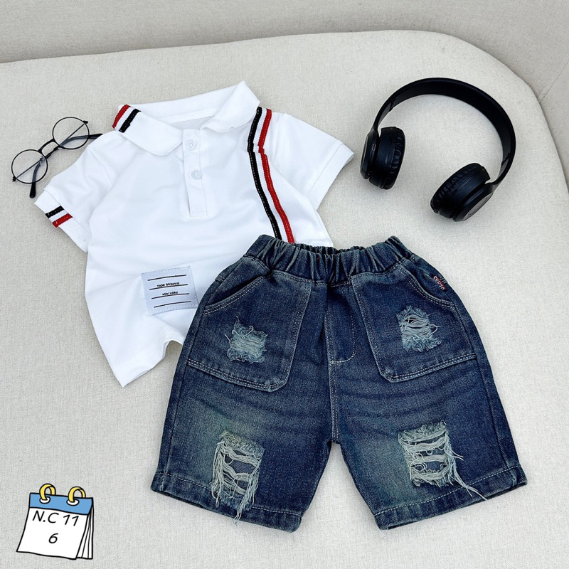 Sét bộ áo polo cộc tay phối quần jean đùi rách cho bé trai