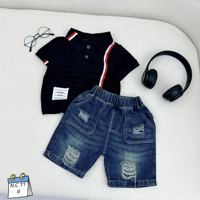 Sét bộ áo polo cộc tay phối quần jean đùi rách cho bé trai