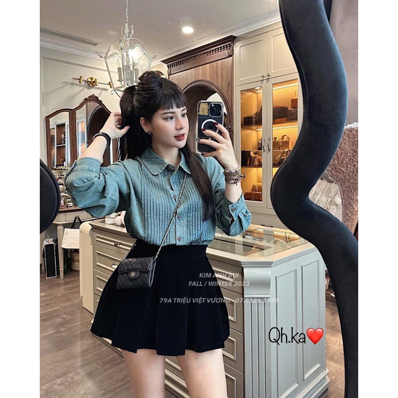 Chân váy nhung xếp ly QC