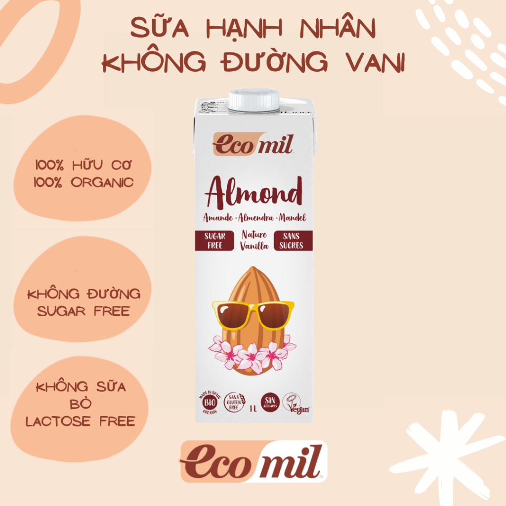 Sữa Hạt Hạnh Nhân Vanilla Không Đường Hữu Cơ Organic Almond Milk Sugar-Free Vanilla Bio Ecomil 1L
