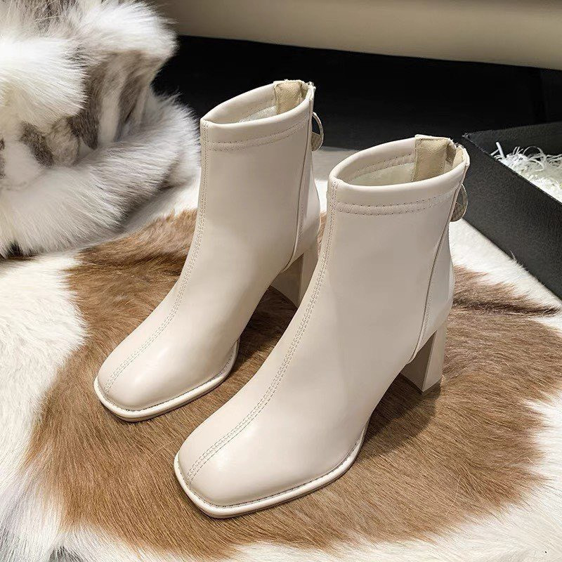 Bốt cổ lửng da dầy mềm đế 9p , boot nữ 9cm lót lông hàng loại 1 về 2 màu kem - đen